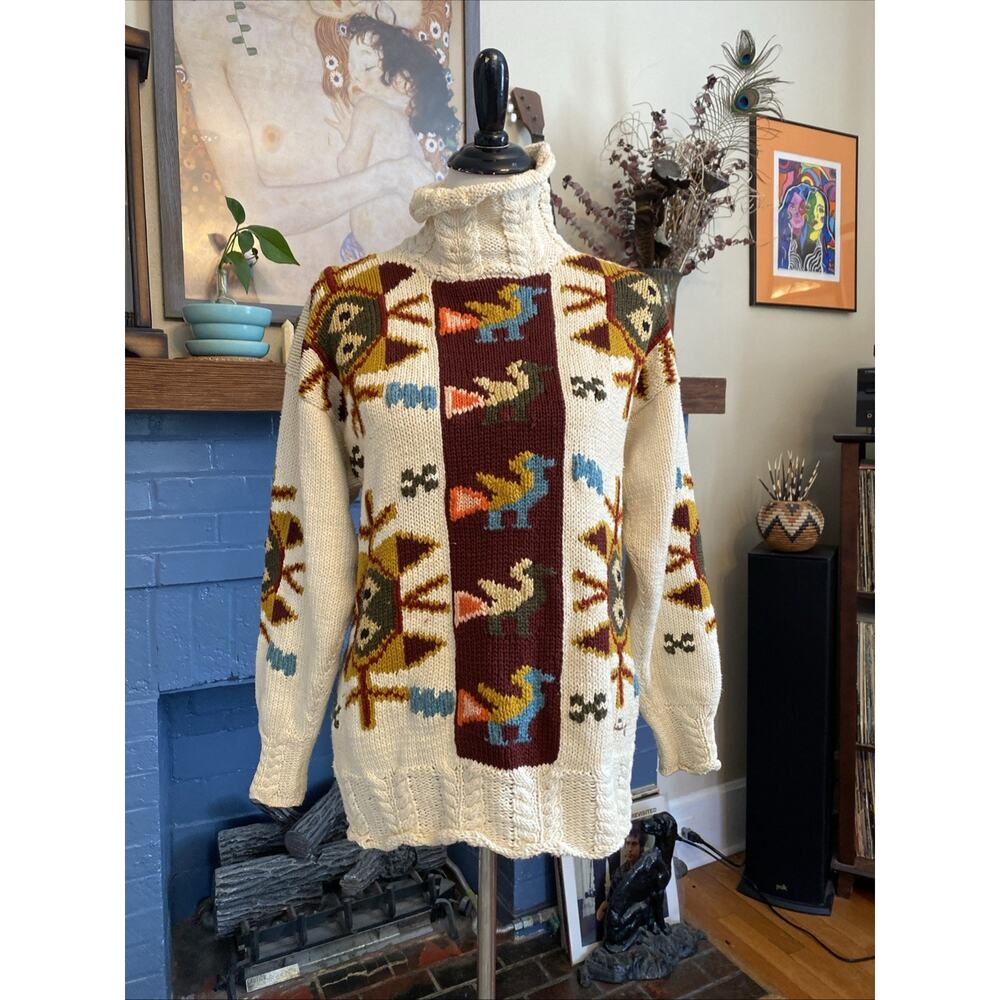 Vtg Raquel M Handknit Peruvian Sweater 100% Cotton 90s Aztec Cable RL Country